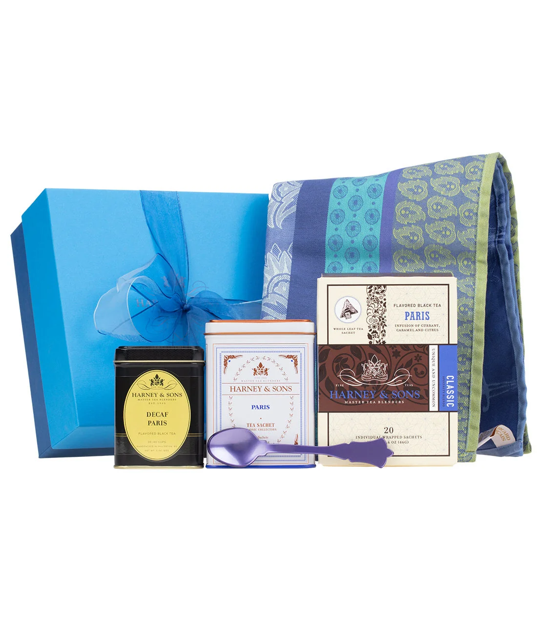Harney & Sons Paris Tea Gift with tea packages, tea towel, spoon and gift box