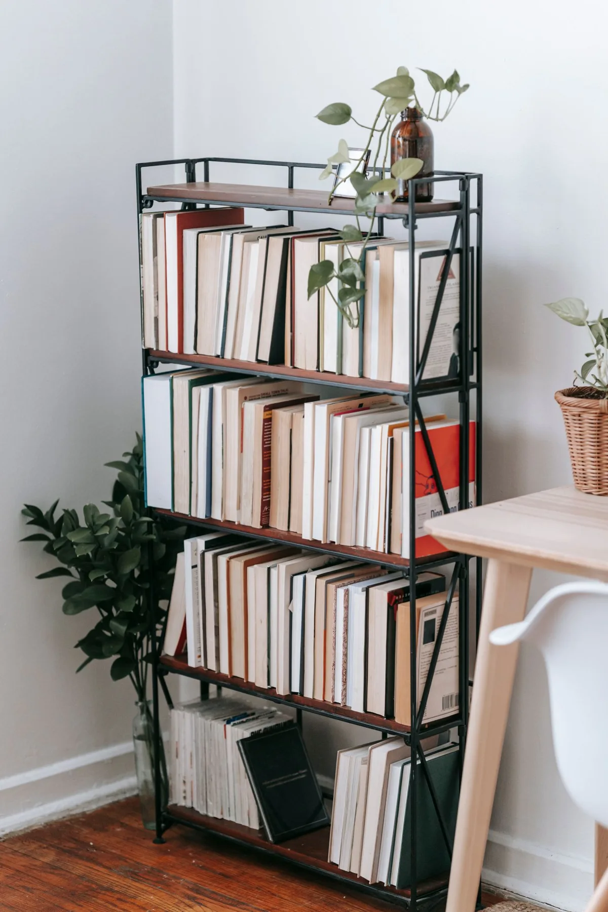 Books and plants on shelving beside a desk