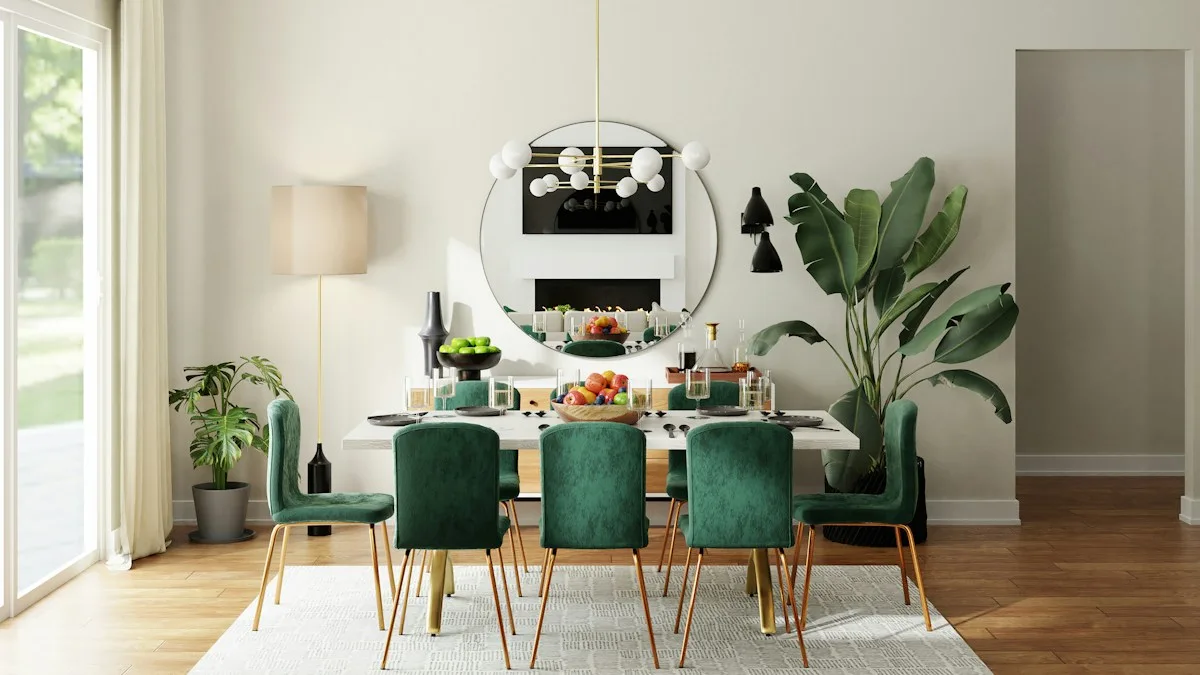 A dining table with green chairs in a bright room.