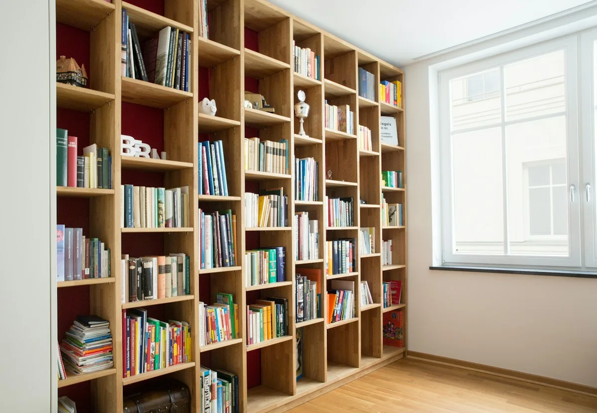 Tall wooden shelves filled with books beside a window.